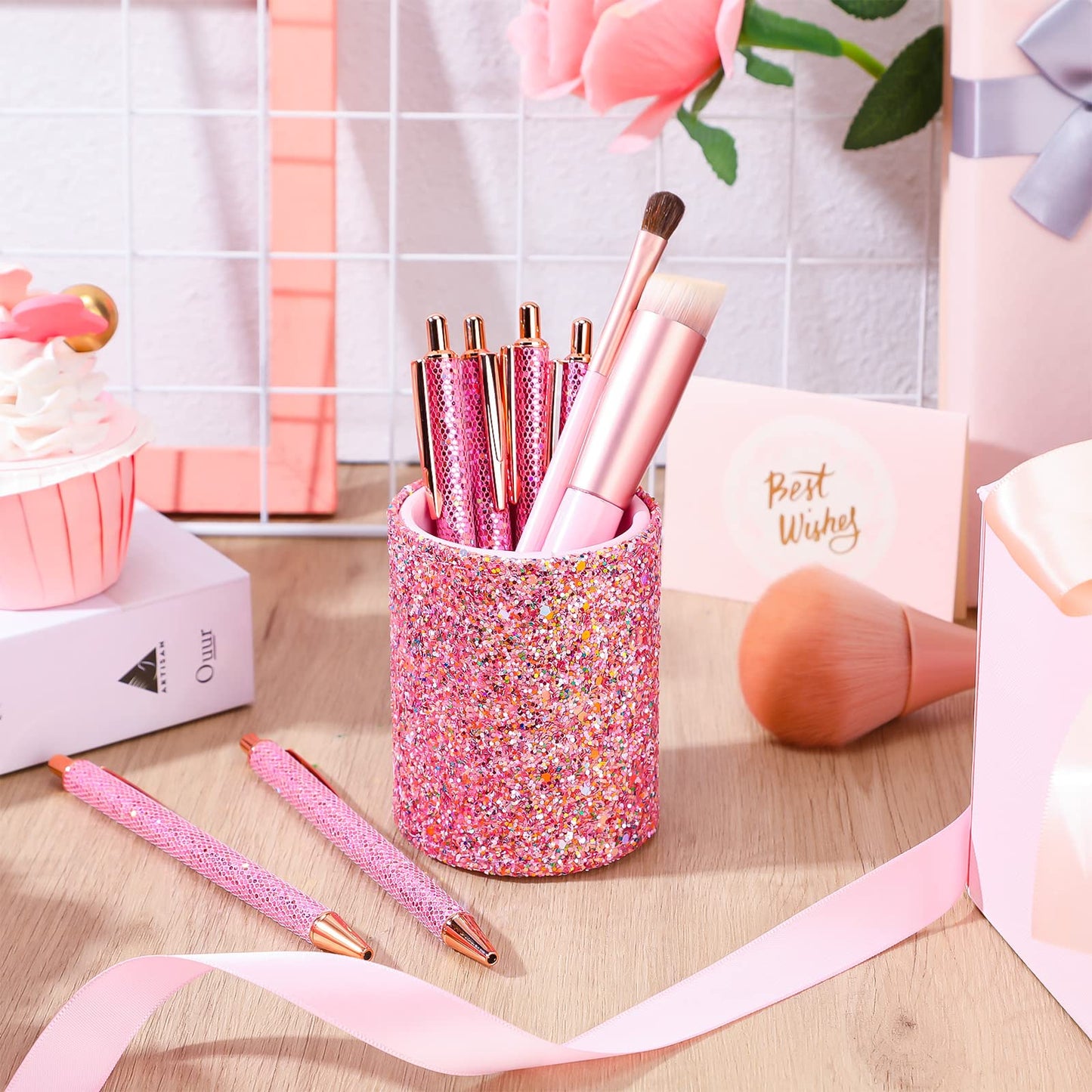 BBTO Bling Sequin Pen Holder with 6 Pcs Sequin Click Pens Cute Glitter Retractable Ballpoint Pens, Pencil Cups for Desk Organizer Makeup Brush Holder for Women Girls Classroom Offices(Pink)