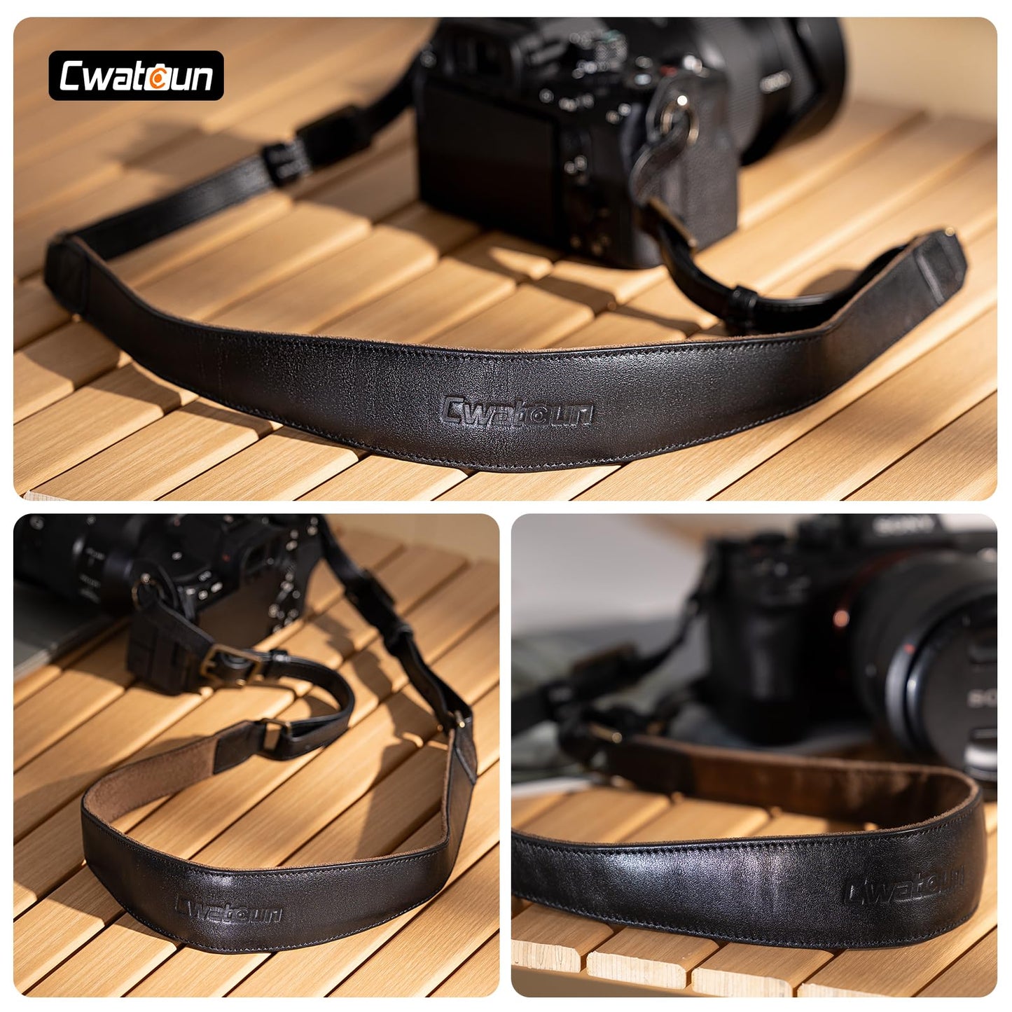 Cwatcun Genuine Leather Camera Strap, Adjustable Neck or Shoulder Sling Strap for Photographers for Nikon Canon Sony Olympus DSLR, Black