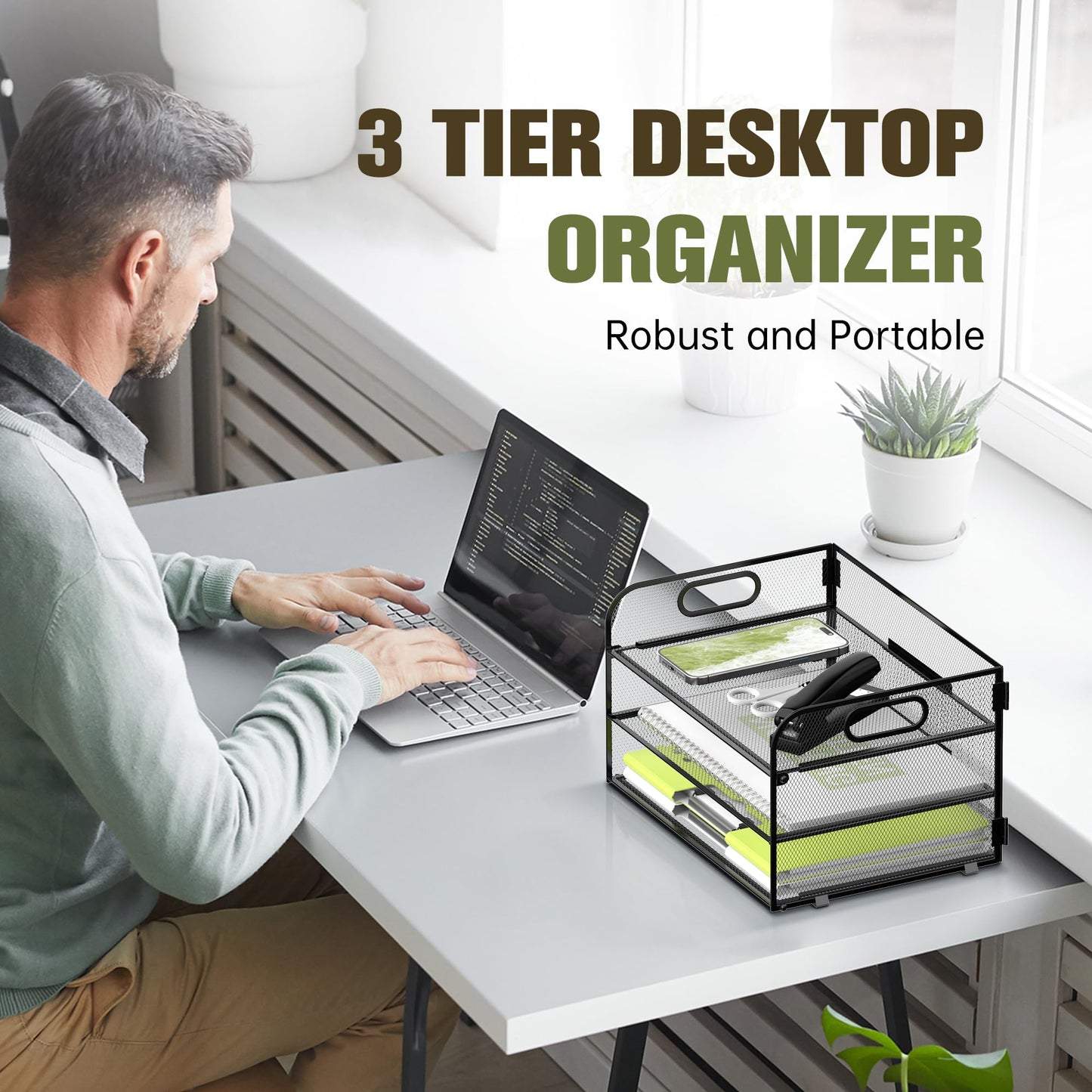 DALTACK 3 Tier Paper Organizer with Handle, Mesh Metal Desk Organizer with Sliding Paper Trays for Letter/A4 Paper, Mail, Bills & Folders, Black