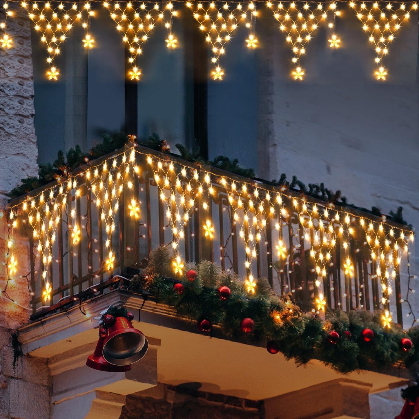 Ramadan Outdoor String Lights Waterproof, 218 LED 13.8FT Star Curtain Fairy Lights with 12 Drops Connectable Clear Wire Christmas Light Decorations 8 Modes for Eaves Yard Wedding Party Holiday Decor
