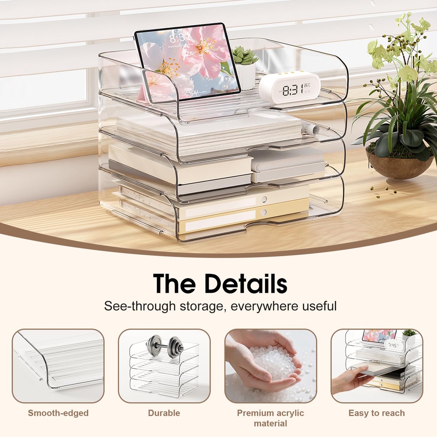NUOGIC 4-Tier Large-Capacity Paper Organizer, Clear Stackable Desk Organizer & Acrylic Paper Tray, Transparent & Easy Access,Desk File Organizer for Home Office & School