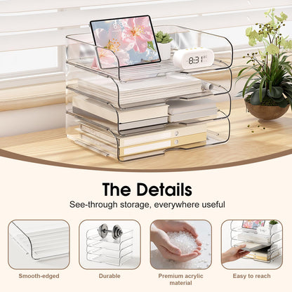 NUOGIC 4-Tier Large-Capacity Paper Organizer, Clear Stackable Desk Organizer & Acrylic Paper Tray, Transparent & Easy Access,Desk File Organizer for Home Office & School