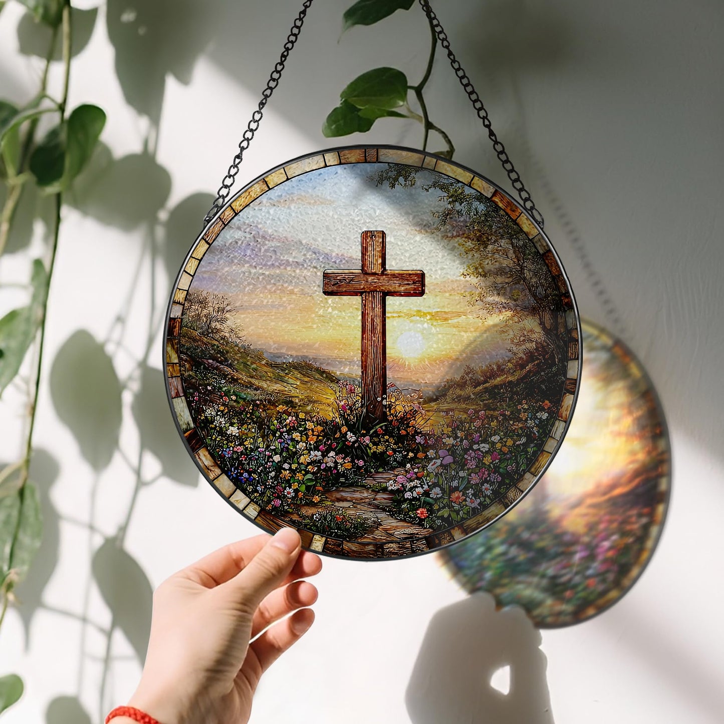 LAOWEIKI 8 Inches Cross Sunset Stained Glass Suncatcher, Christmas Ornament, Window Hanging Decor, Christian Home Decor, Christian Gift, Religious Gift, Gifts for Christmas