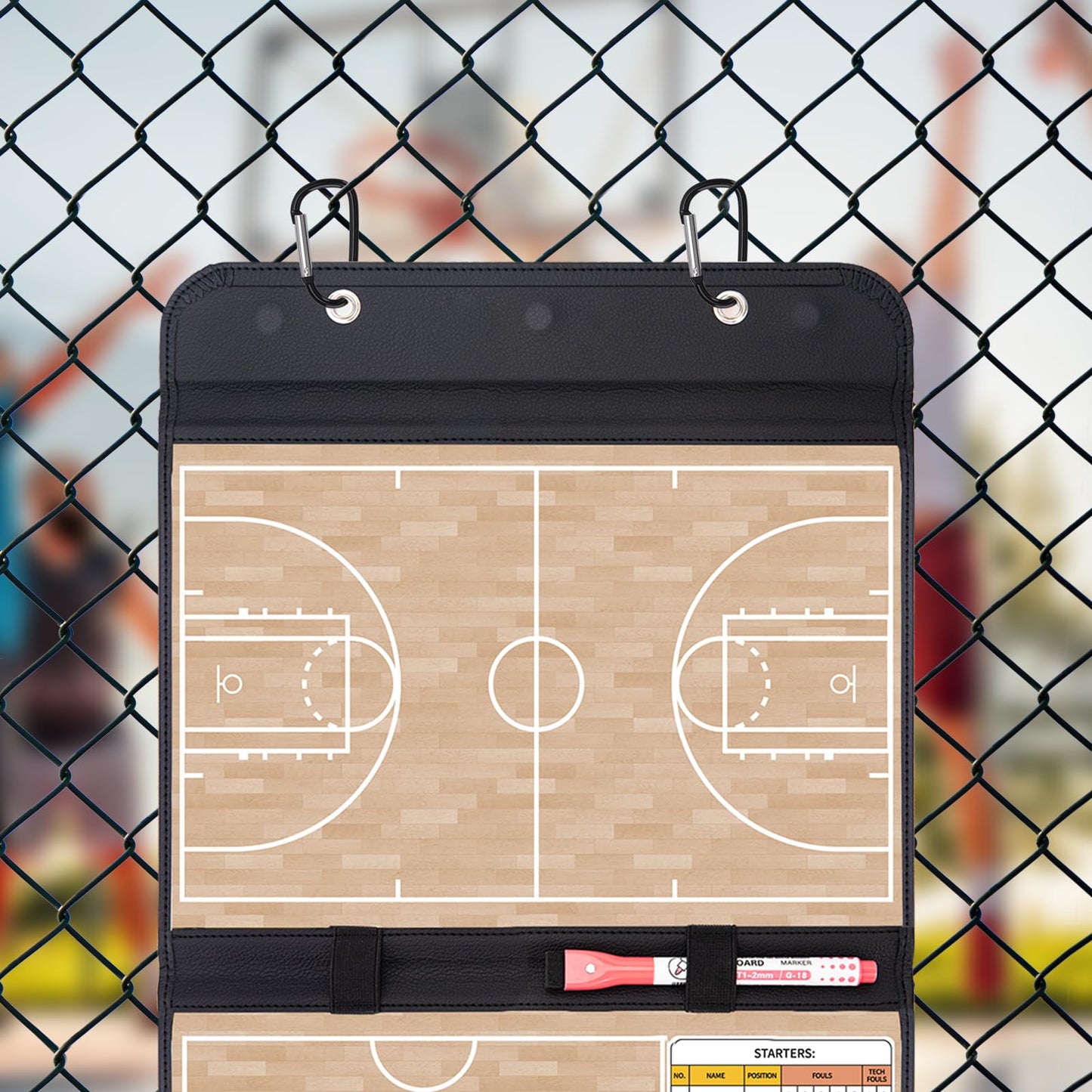 WISYOK Leather Covered Magnetic Basketball Lineup Board, Foldable and Portable Clipboard for Coaches with 48 Cards, 2 Markers, 4 Hooks and 1 Organizer Bag