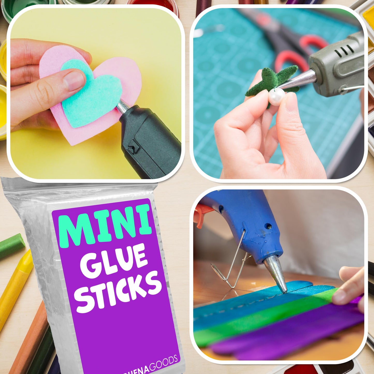 Buena Goods 200 Pack Mini Hot Glue Sticks for Mini Hot Glue Guns - 4" x 0.27" - Bond and Craft on Metal, Paper, Glass, Wood, and More - Quick Drying and Clear Sticks Bulk for Crafts