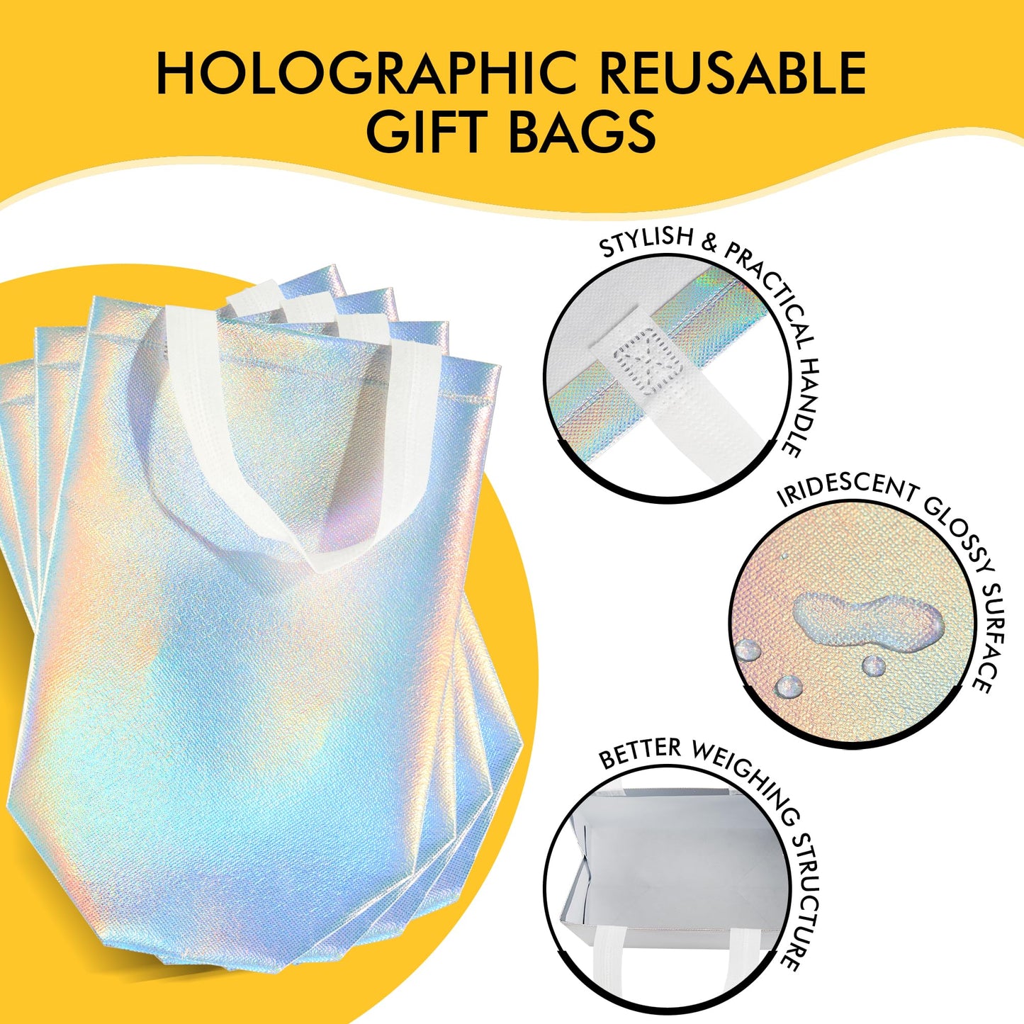 RACETOP 15 Pcs Iridescent Glossy Gift Bags Medium Size, 8x4x10 Inch Holographic Reusable Gift Bags with Handles, Ideal for Birthday, Wedding, Bachelorette, Party Favors, Holiday Goodie