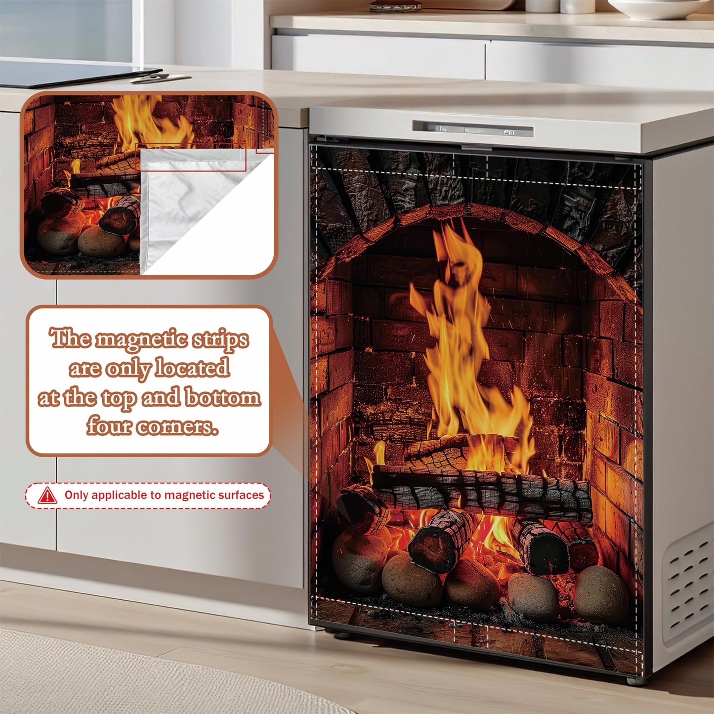 Cozy Fireplace Dishwasher Cover Panel Magnetic,Rustic Warm Home Dishwasher Magnet Decorative Cover for Refrigerator Kitchen Home Decor Reusable Waterproof 23x26 Inch