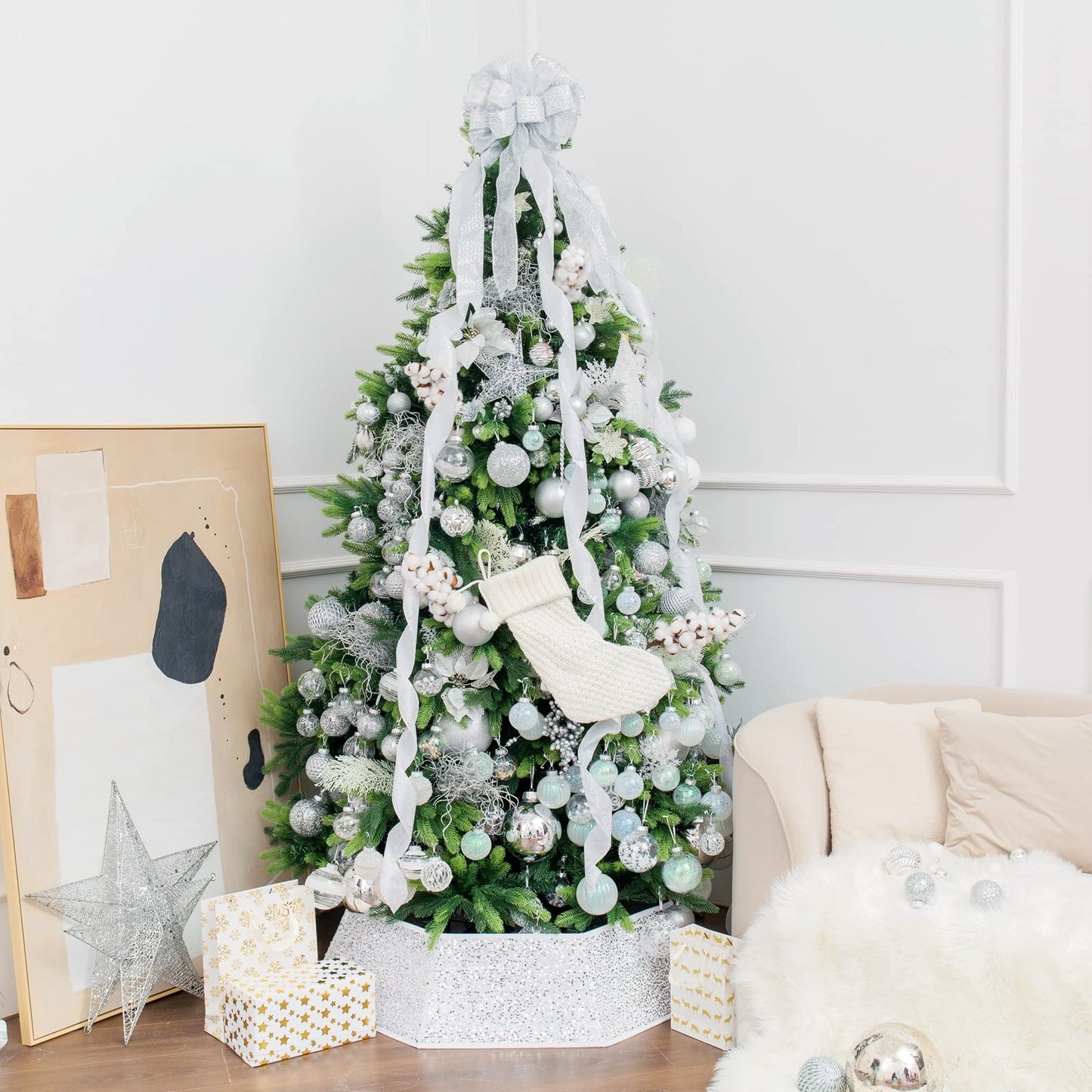 XmasExp Christmas Tree Collar, 24 inch Sequin Tree Skirt Stand Base Cover for Home Decor, Medium Size 4 Piece, White