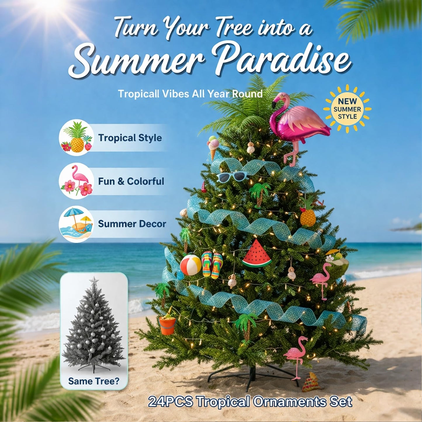 31 Pcs Summer Tree Ornaments Set, Christmas in July Wooden Crafts, Tropical Hawaiian Tree Hanging Decorations with Flamingo Balloon Sunglasses String Lights for Luau Hawaiian Party Holiday Decor