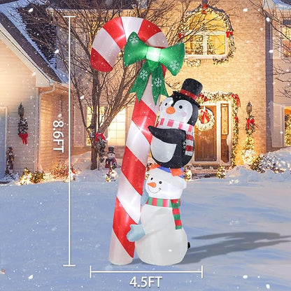 MUMTOP 8.6 Ft Tall Christmas Inflatables Outdoor Decorations, Inflatables Candy Cane with Snowman Penguin Christmas Blow up Yard Decorations Built-in LED Lights for Outdoor Party Holiday Decor