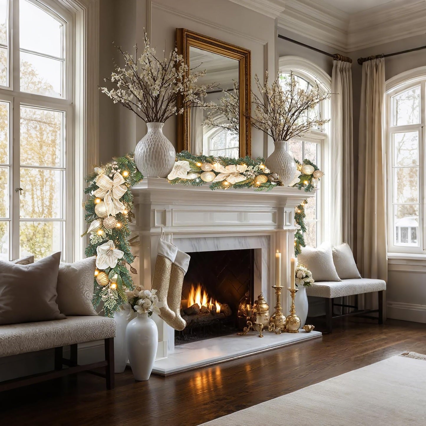 6ft White and Gold Christmas Garland with 25 LED Lights with Timer, prelit champgn Gold Garland with Magnolia and Plenty Ornament,Festive Lighted Decor for Front Door, Mantel, Stair & Fireplace