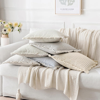 MIULEE Black Pack of 2 Pillow Covers 18x18 Inch Striped Farmhouse Couch Throw Pillow Covers with Fringe Chic Linen Decorative Cushion Covers for Sofa Living Room Bed Outdoor Home Decor