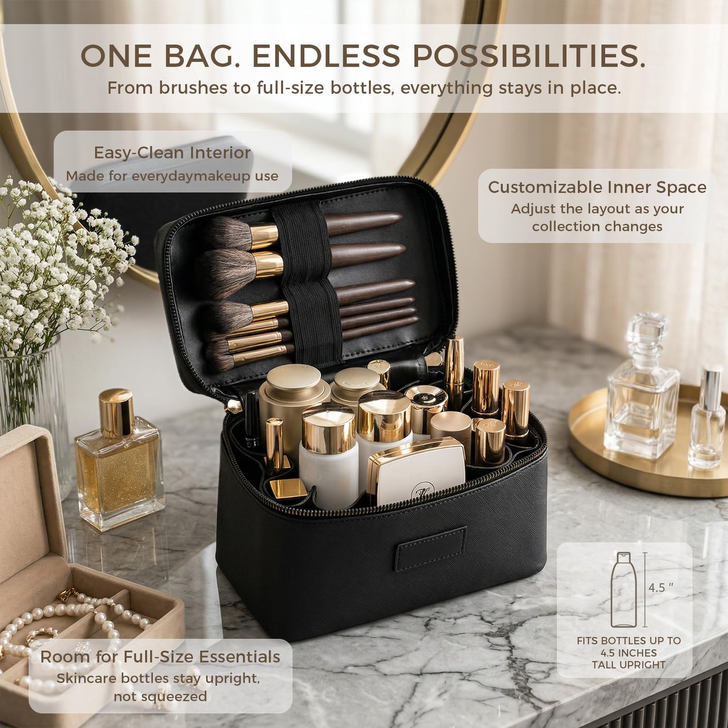 Makeup Bag Vanity Case for Women – Portable Cosmetic Bag Makeup Bag Organizer Travel Toiletry Bag with Removable Divider