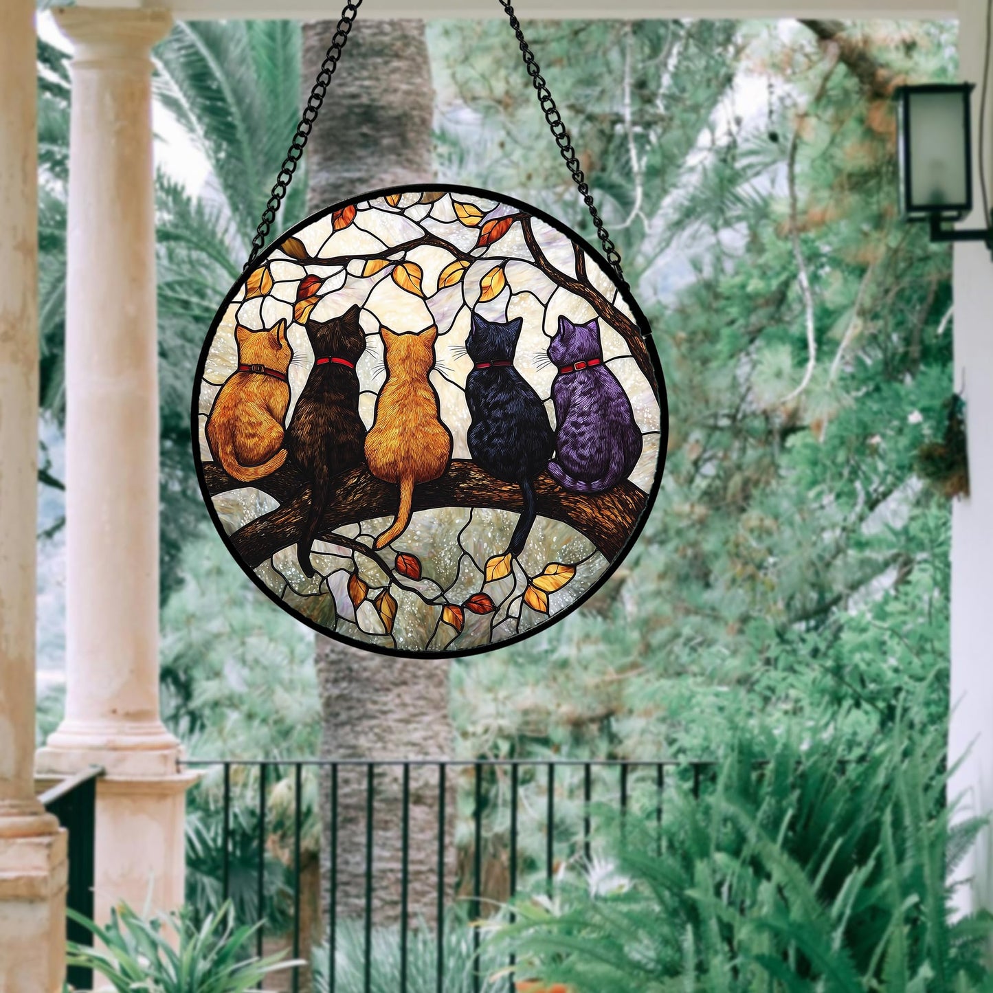 DASTOLL Stained Glass Window Hanging - 5 Cats on a Branch Suncatcher for Window Doors Home Decoration and Christmas, Mother's Day Father's Day Birthday Gifts for Women, Men, and Mom 6.3x6.3 in