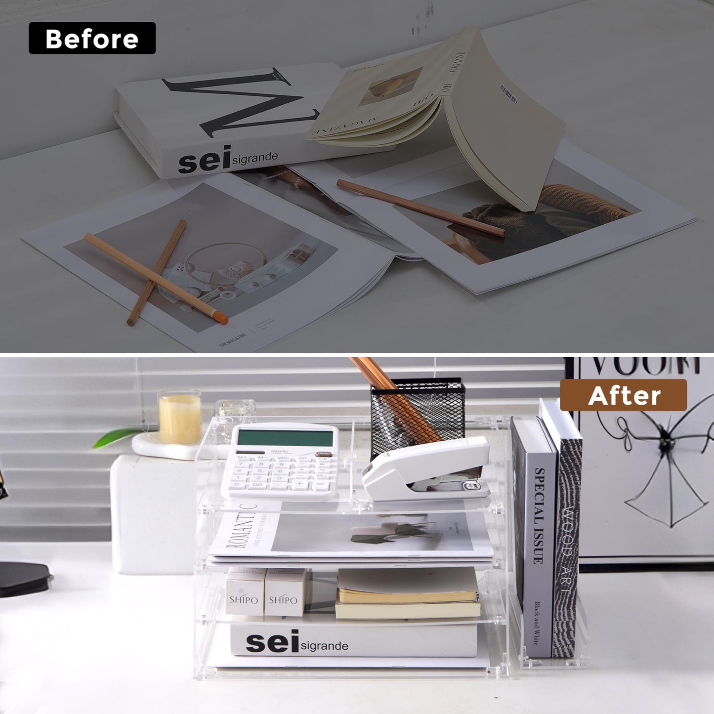 ACRYLATO, Acrylic Desk Organizer - 4-Tier Tray with Vertical File Holder for Books, Stationary, Letter, Magazines, Documents, and File Organizer - Durable Space Saving Storage, For Home and Office