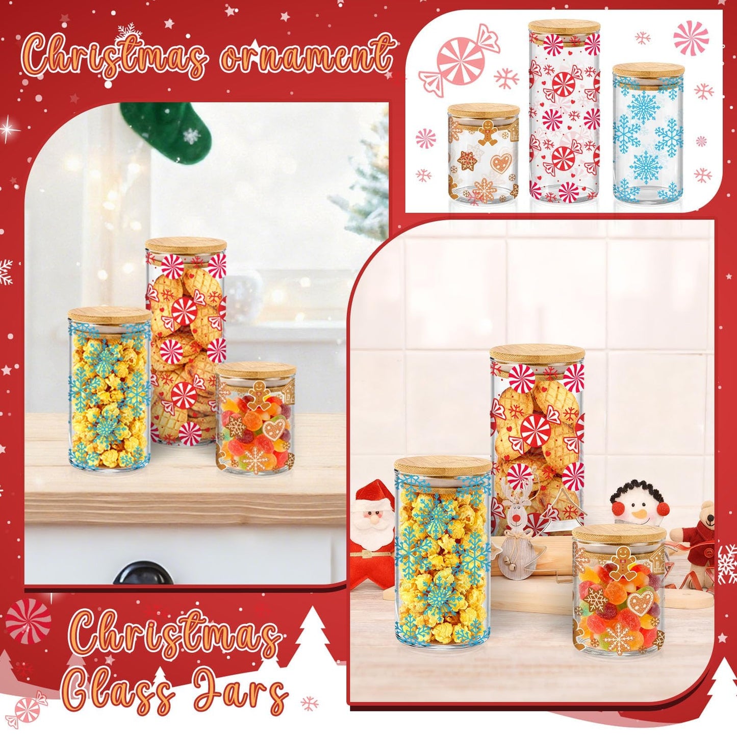 Cumule 3 Pcs Christmas Glass Storage Jars With Airtight Bamboo Lid Candy Cane Gingerbread Man Snowflake Glass Food Storage Jars with Wood Lid for Xmas Home Kitchen Containers Decoration
