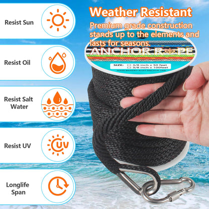 3/8 Inch 50 FT Anchor Rope, Boat Anchor Rope Solid Braid MFP, Anchor Line with 316 Stainless Steel Thimble and Snap Hook - Black