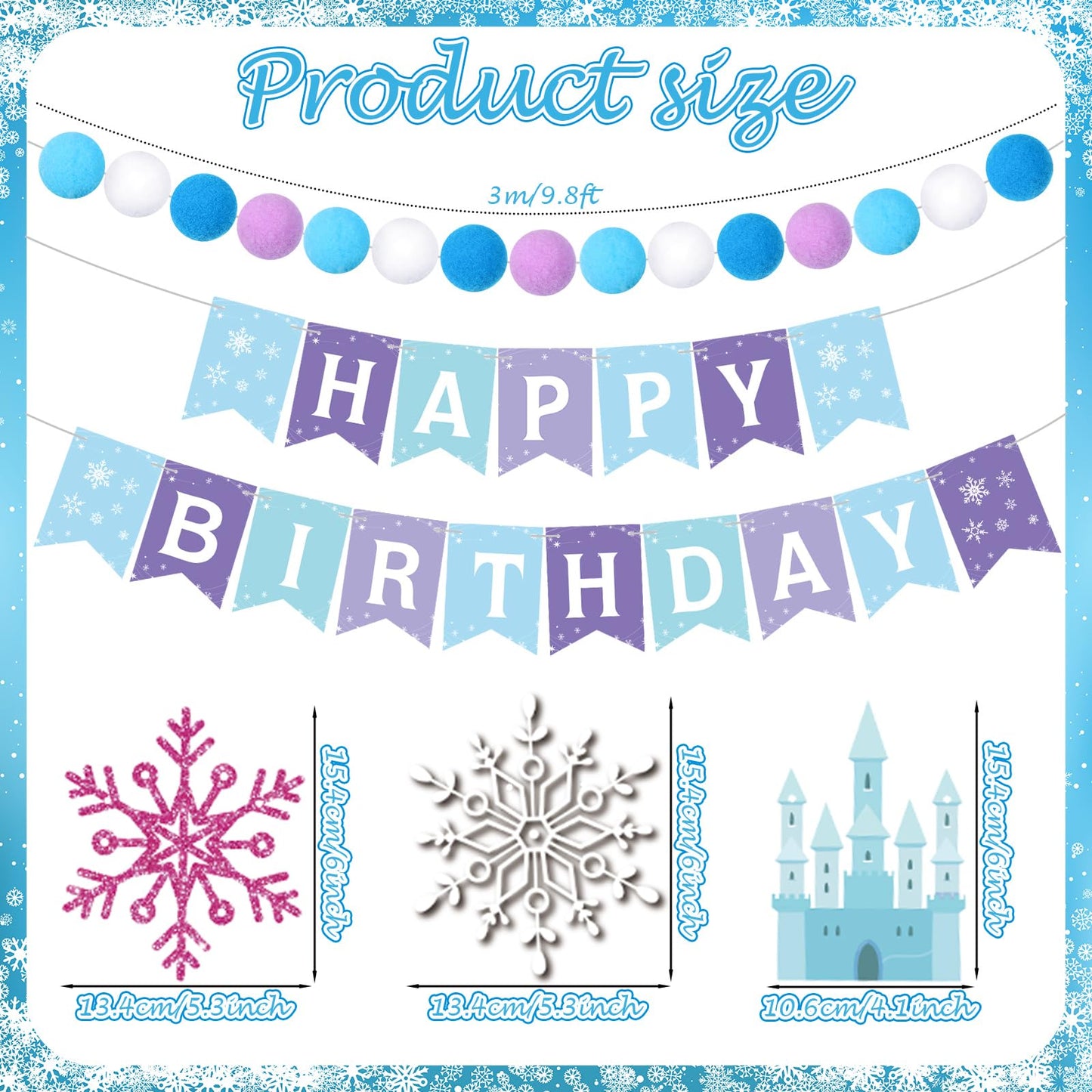 Fanfanwin 5 Pcs Snowflake Happy Birthday Banner Blue Snowflake Banner with Felt Castle Decorations Winter Holiday Party Decorations for Birthday Christmas