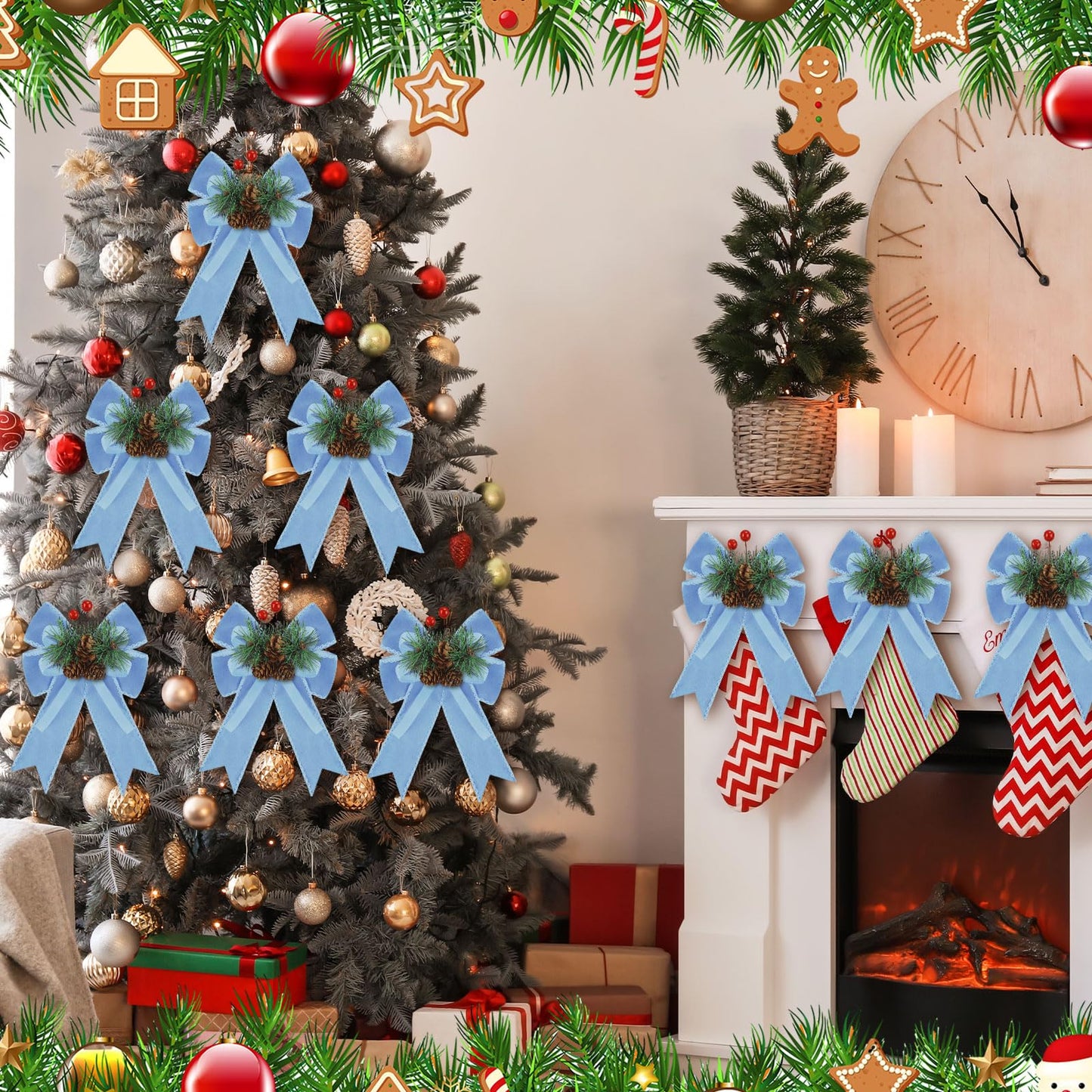 Syhood 6 Pcs Christmas Velvet Bow with Pine Cones Pine Needles Berries Xmas Bright Blue Ribbon Bow Ornaments 6.3 x 5.1 Inch for Christmas Tree Wreath Garden Fireplace Crafts DIY Decor