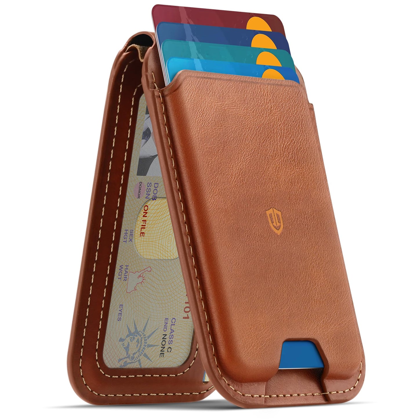 SHIELDON Genuine Leather Card Holder for Phone, Strong Magnetic Wallet for MagSafe with Adjustable Stand, RFID Blocking Mag Wallet for iPhone 17/17e/16/15/14/13/12/Pro/Max/Air/Plus Men & Women - Brown
