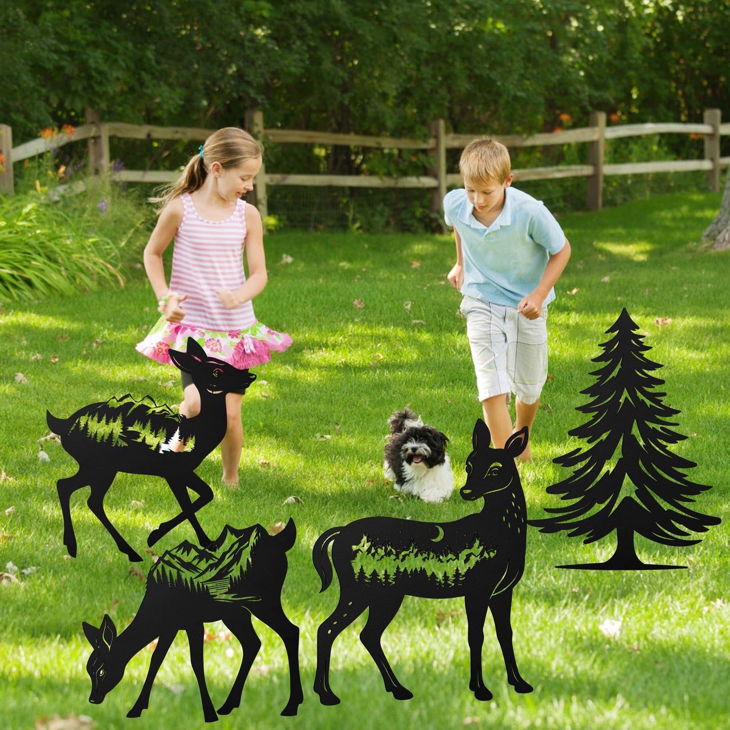 Romart Deer and Pine Tree Decorative Garden Stakes, 4 Pcs Forest Silhouette Metal Garden Stakes for Outdoor Yard Lawn Decor, Christmas for Nature Lovers