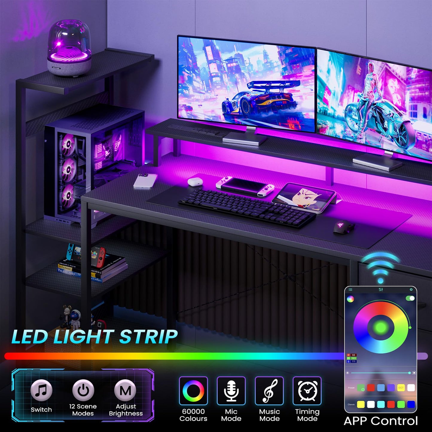 51 Inch Gaming Desk with Power Outlet and LED Lights, Computer Desk with 4 Drawers & Storage Shelves, Reversible Home Office Desk with Monitor Stand for Small Space Bedroom, Carbon Fiber Black