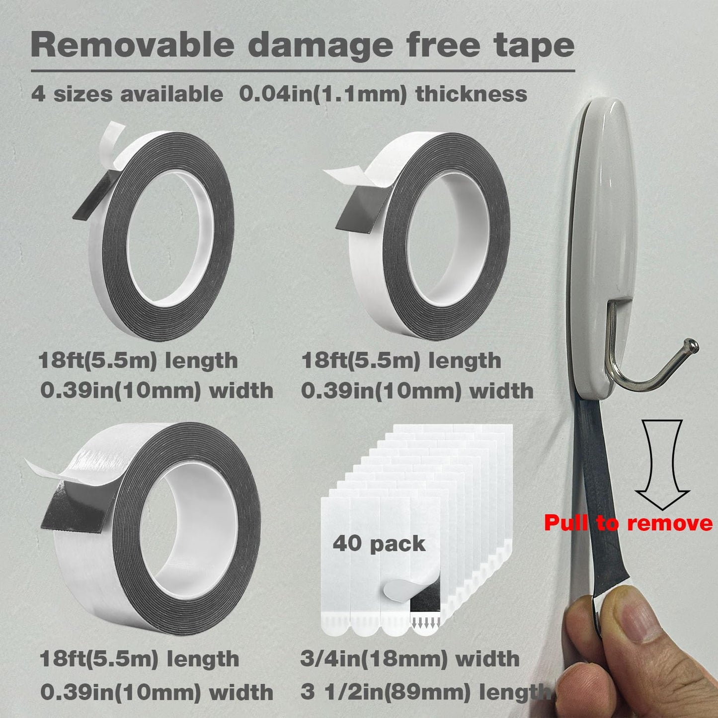 Hasaky Damage Free Removable Wall Tape 18ft, Heavy Duty Double Sided Tape Black, Picture Hanging Strips Replacement, Mounting Tape Adhesive Strips