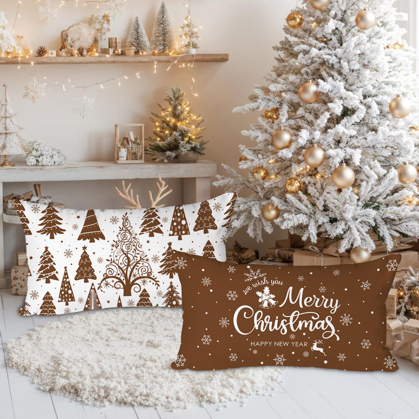 Lanpn Christmas Throw Pillow Covers 12x24 Set of 4, Merry Christmas Winter Xmas Snowflake Decorative Holiday Cushion Pillow Cases 12 x 24 for Outdoor Indoor Farmhouse Home Room Couch Decor (Brown)