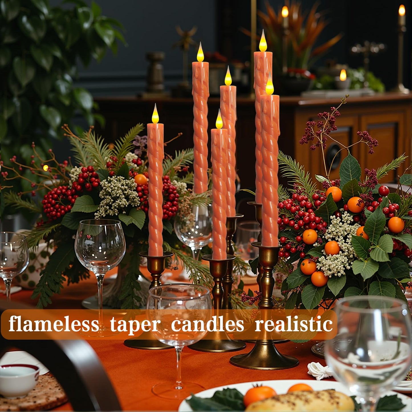 ODTRAM Flameless Taper Candles Flickering with Remote,Timer, Dimmer,9.7 Inch Orange 6 Pack Candle Sticks,Realistic Wax Drip,Battery Operated Candlesticks for Christmas Wedding Halloween Home Decor