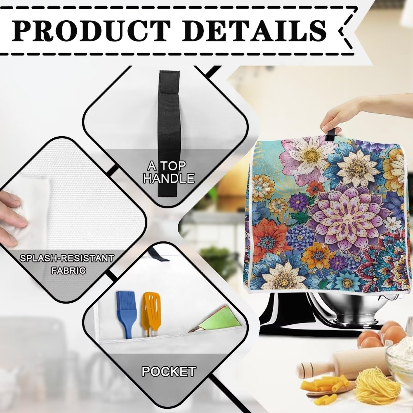 HUISEFOR Kitchen Stand Mixer Covers Boho Mandala Flower Mixer Cover Dust Cover Washable Kitchen Appliance Cover for 4.5-5 Quart Mixers, Keep Your Kitchen Clean