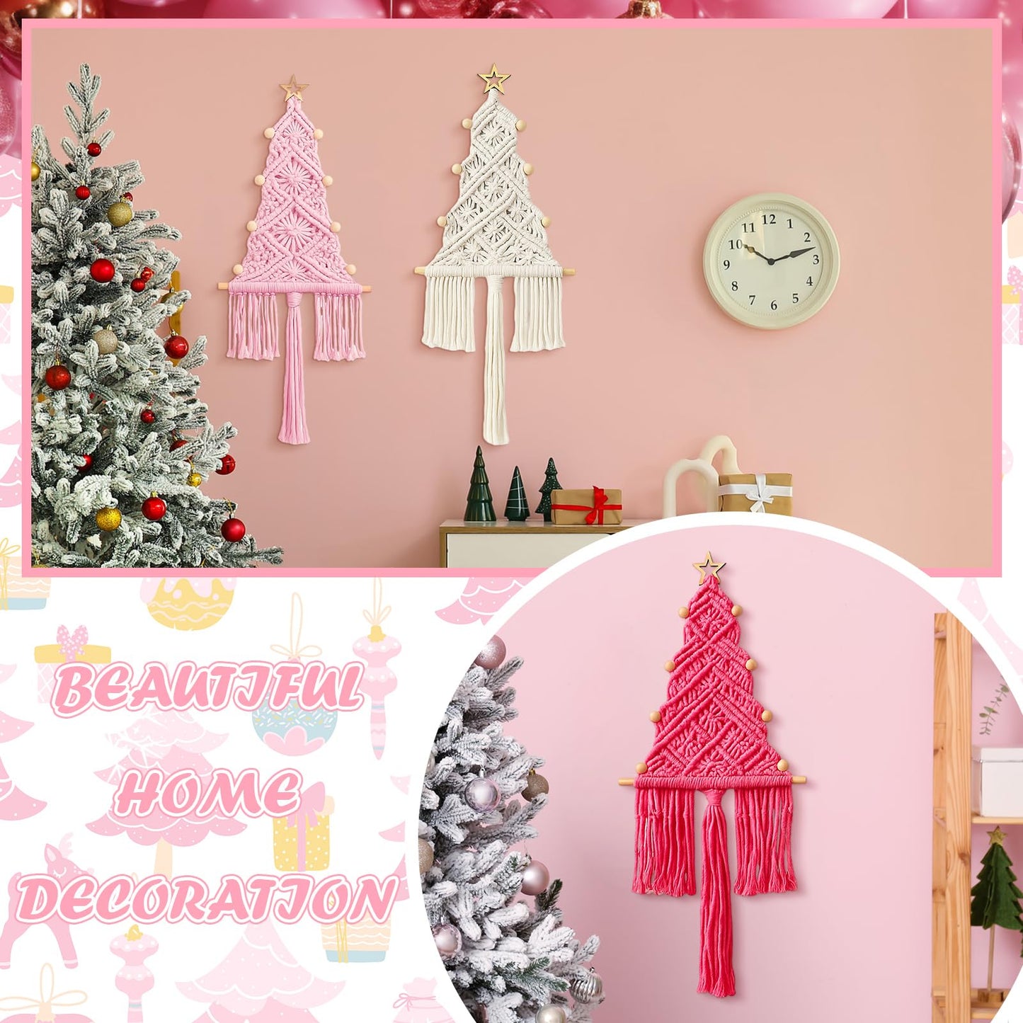 HunnmingRe 3 Pcs Large Macrame Christmas Tree Macrame Christmas Wall Decoration Hanging Ornaments Boho Wall Decor for Party Supplies (Beige,Light Pink and Dark Pink)