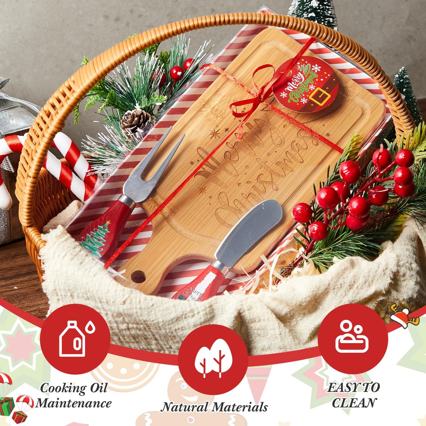 Ziliny 2 Set Christmas Cheese Board and Knife Set, Wooden Small Charcuterie Board Mini Holiday Serving Tray with Knives for Xmas Gift Party Home Decoration (Square)