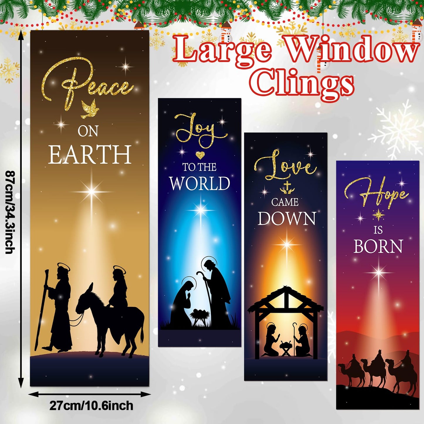 4Pcs Christmas Nativity Large Window Clings Decorations Religious Jesus Christmas Window Decals Nativity Scene Love Hope Joy Peace Double-Side Stickers for Xmas Holiday Party Home Church School Decor