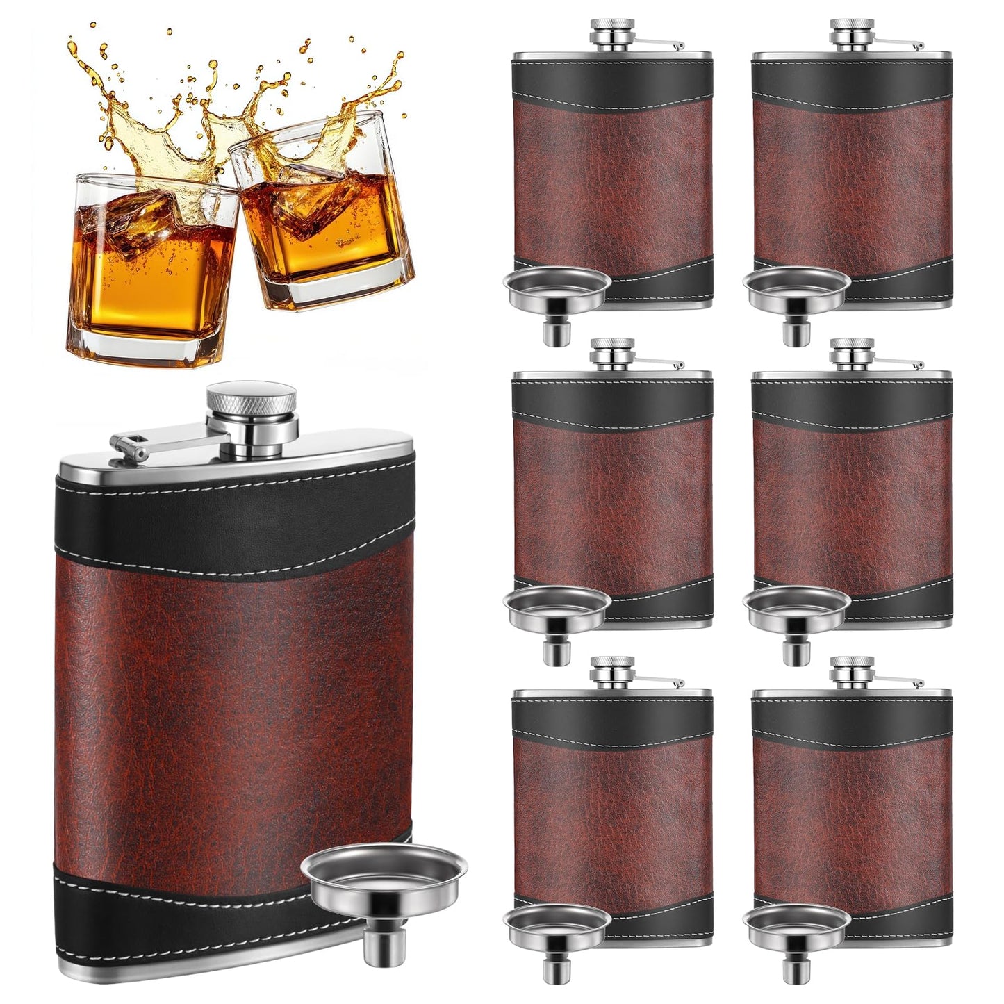 PercyEffie 6 Pcs Liquor Flask, Hip Flasks 8 oz Metal Flask with Funnel, Leak Proof Pocket Flask in Dark Brown Leather Strap Design for Men Women (3.7 x 5.5 Inches)