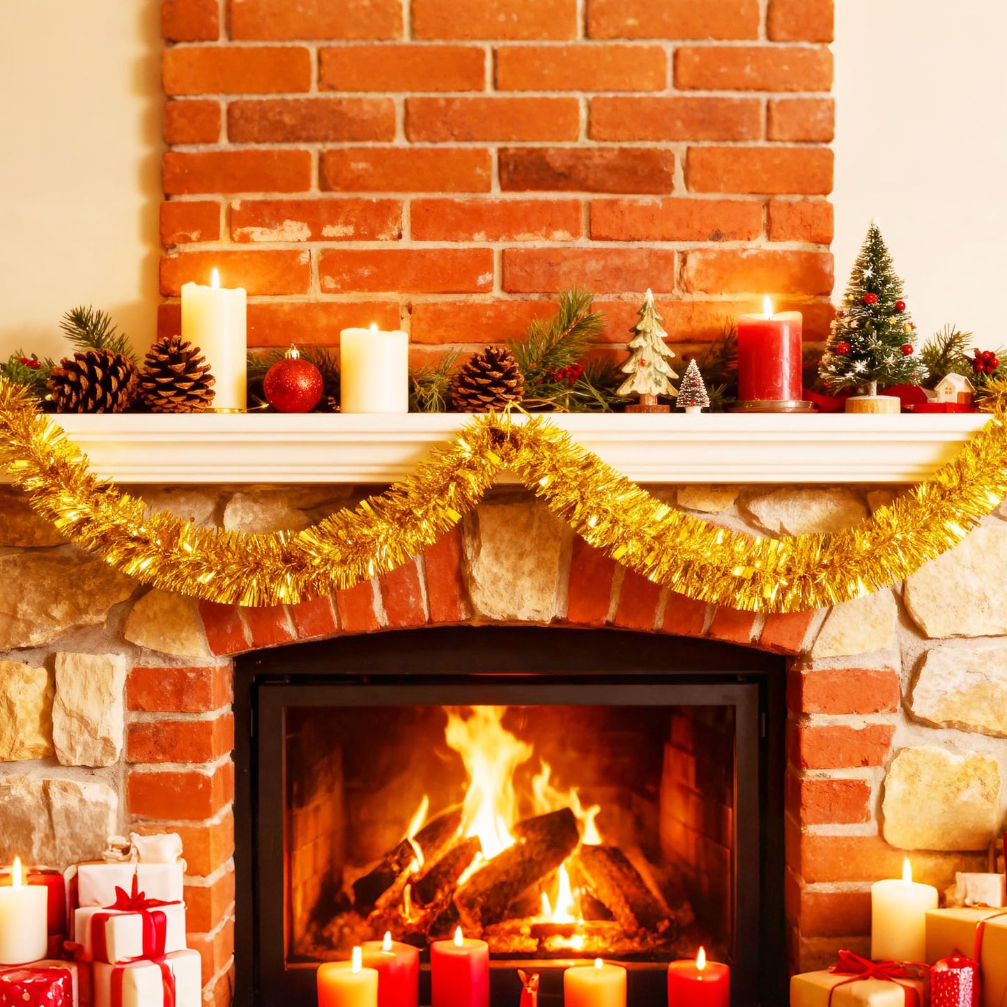 50Ft Gold Christmas Garland Decorations,Xams Tinsel Stems Non-Lit Soft Twist Garland Decor for Tree Stairs Railing Front Door Mantle Fireplace Indoor Outdoor Holiday Home