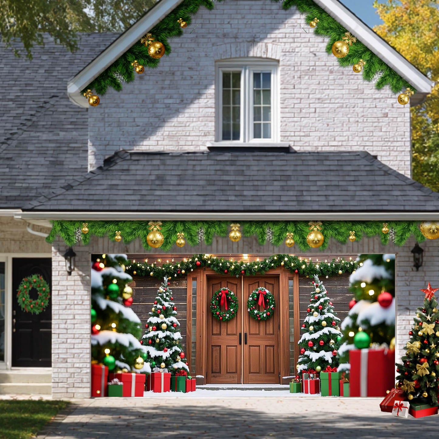 HOMETITUTE Christmas Garage Entryway Banner 13x6ft Rustic Wood Entryway Scene with Festive TreesGift Boxes Snowflakes Lights Outdoor Holiday Yard Display Backdrop Photo Background