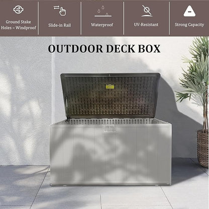 TARKARI Premium Pro Edition 110 Gallon Lockable Resin Deck Box, Waterproof & UV-Resistant Outdoor Storage Box for Outdoor Cushion Storage, Garden Tools & Pool Accessories Storage, White