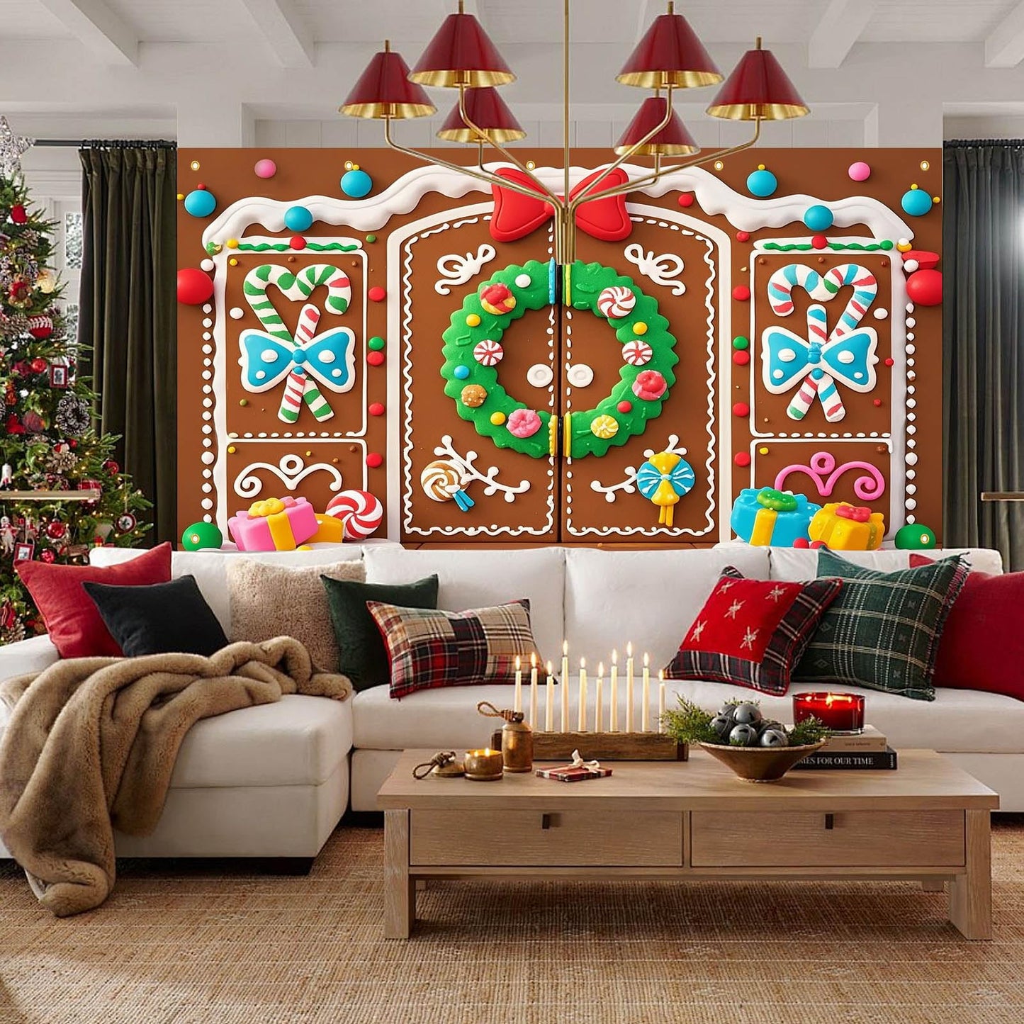 HOMETITUTE Christmas Garage Door Banner 13x6ft Gingerbread House Double Door Cover Candy Cane Backdrop Holiday Party Scene Winter Indoor Outdoor Sweet Wall Hanging Festive Gift Box Season