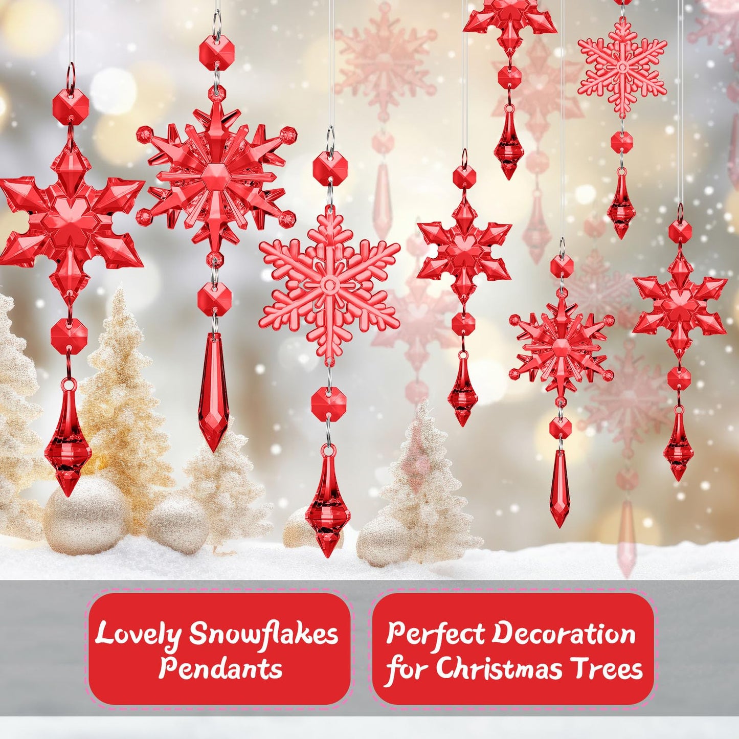 Boao Red 15 Pcs Crystal Snowflake Ornaments for Winter Acrylic Snowflake Decorations Wonderland for Party Favor Celebration