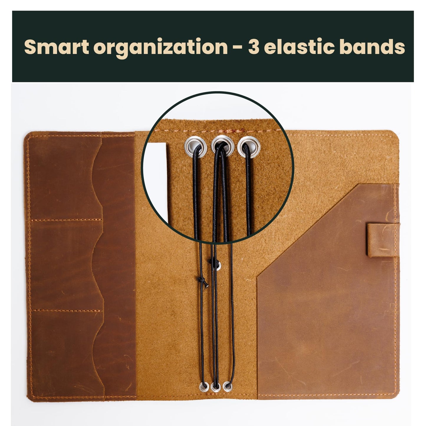 Leather Journal Cover A5 – Full Grain Handmade Notebook Cover with Card Slots, Pen Loop & Elastic Bands – Refillable Field Notes Planner for Work, Study & Travel, Premium Leather Gift Non-Custom