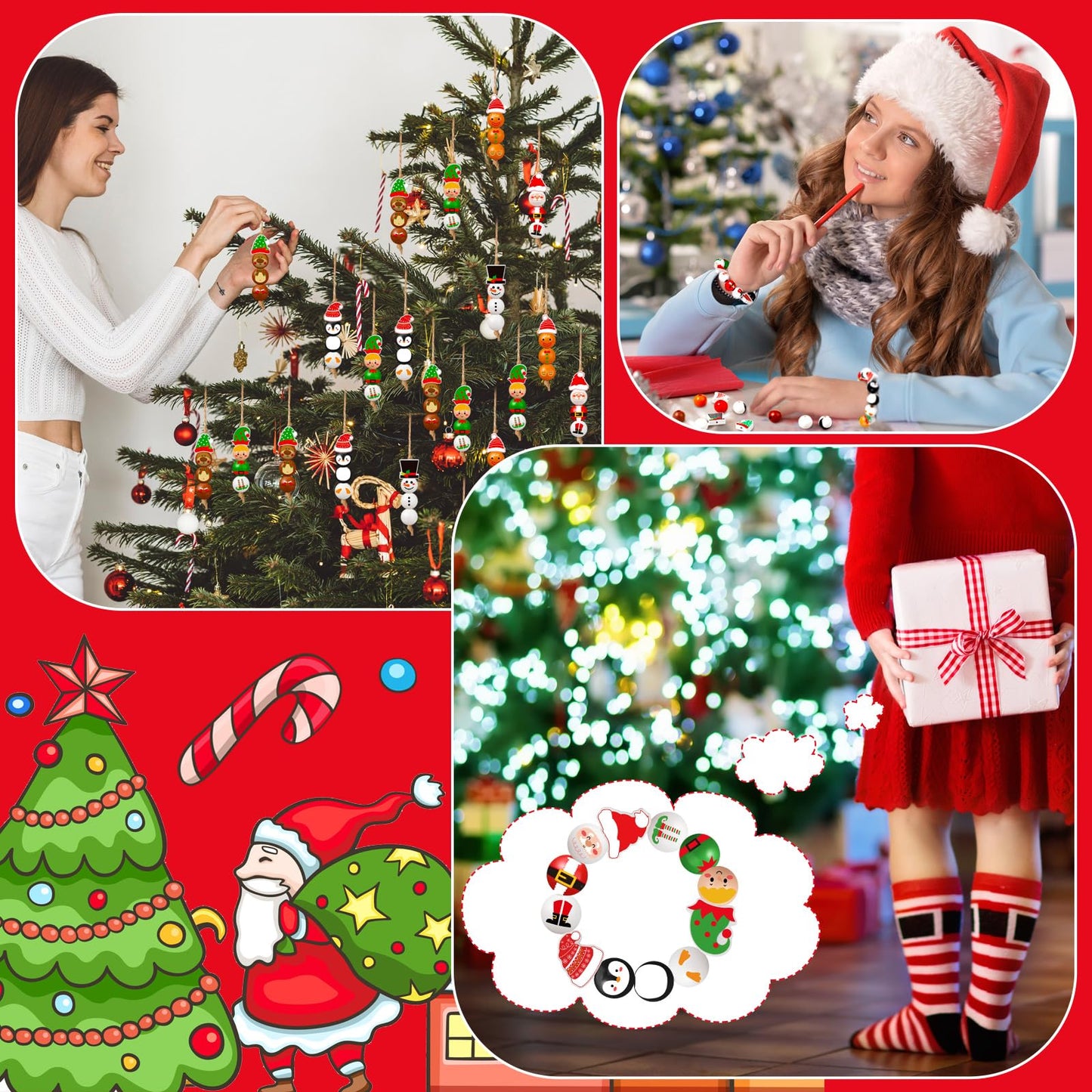 Cinnvoice 240 Pcs Summer Christmas in July Wood Beads with Twine Snowman Gingerbread Man Nutcracker Wooden Bead Garland DIY Crafts Round Beads for Xmas Party Decor (Classic Christmas)