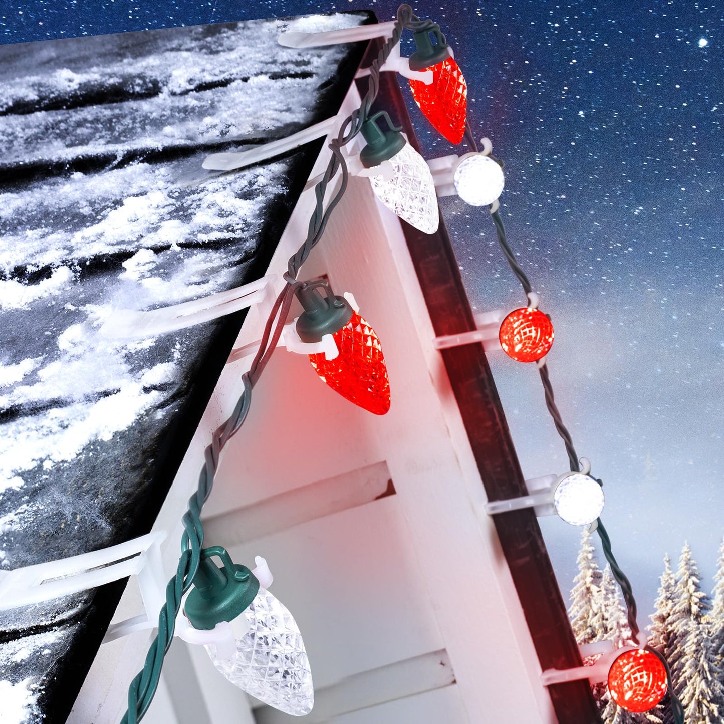 C9 Led Christmas String Lights, 68 Ft 100 LED Strawberry Roof Lights with 100 All in One Clips, Commercial Grade Waterproof Extendable for Indoor Outdoor Roofline Home Xmas Decor, Red & Pure White