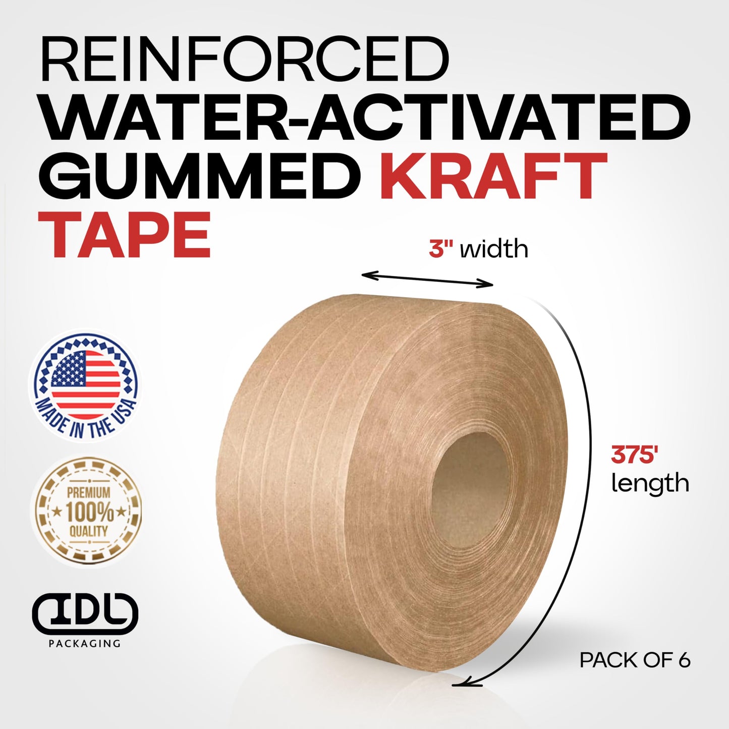 IDL Packaging 3" x 375 feet Reinforced Water-Activated Kraft Gummed Tape 70lb Thickness (Pack of 6) - Secure Paper Packing Tape for Secure Carton Sealing - Heavy-Duty for All Conditions, Brown