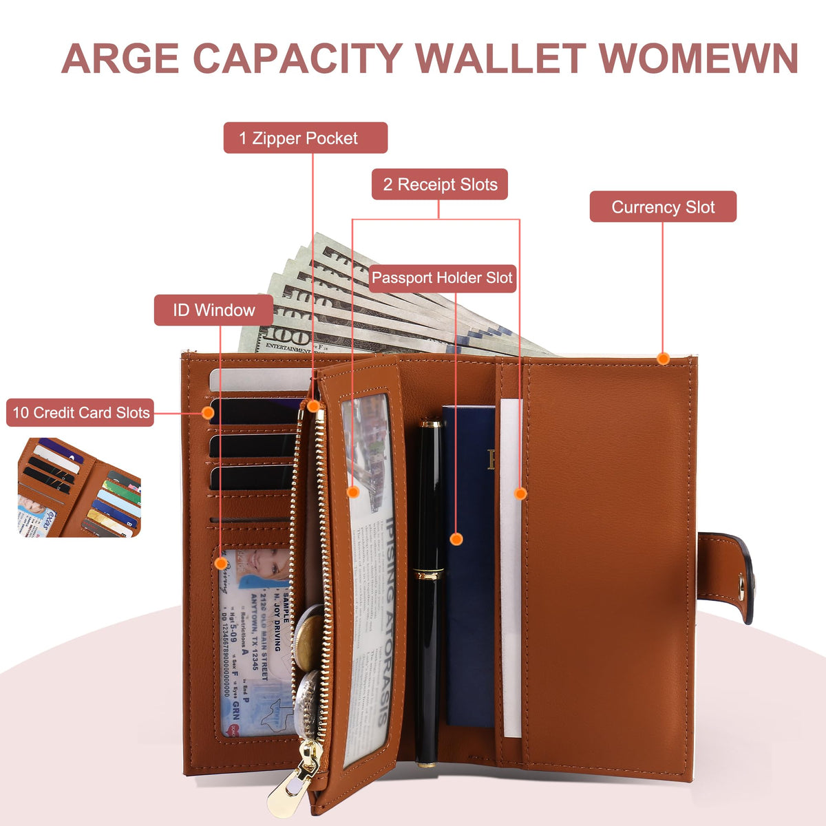 yiijay Women's Wallets RFID Blocking Leather Trifold Clutch Wallet Credit Card Holder Ladies Travel Wallet Purse with Pen Holder