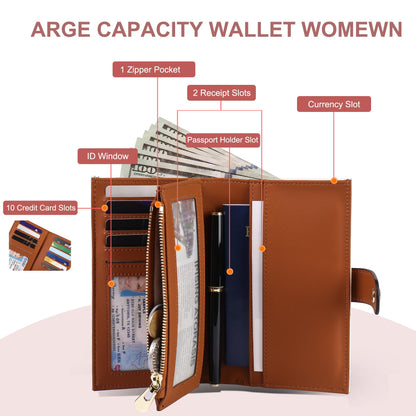 yiijay Women's Wallets RFID Blocking Leather Trifold Clutch Wallet Credit Card Holder Ladies Travel Wallet Purse with Pen Holder