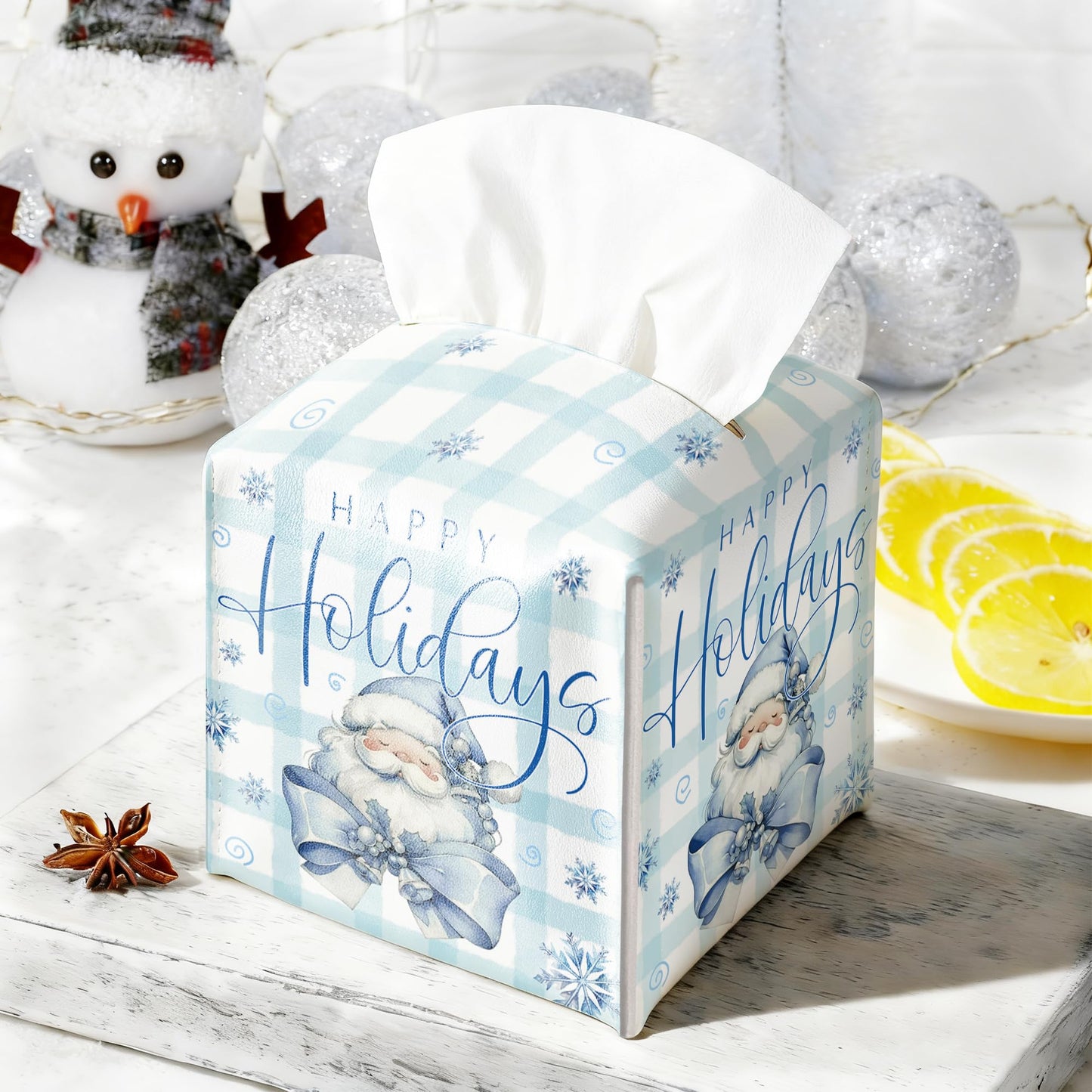 Happy Holidays Box Cover Square, Santa Claus Blue Checkered Decorative Tissue Box Holder, Waterproof Leather Tissues Boxes Dispenser for Bathroom, Office, Car, Bedroom Nightstand, Home Decor