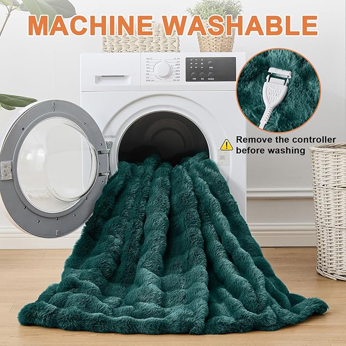 Heated Blanket Electric Throw Blanket 50''X 60''-Heating Blanket with 6 Heat Settings-4 Hours Auto Off,Cozy Faux Rabbit Fur Bubble Electric Blanket,Dark Green