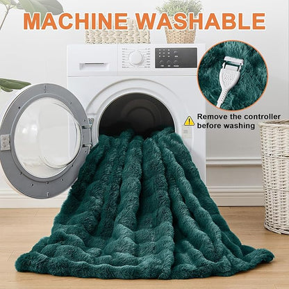Heated Blanket Electric Throw Blanket 72''X 84''-Heating Blanket with 6 Heat Settings-10 Hours Auto Off,Cozy Faux Rabbit Fur Bubble Electric Blanket,Dark Green