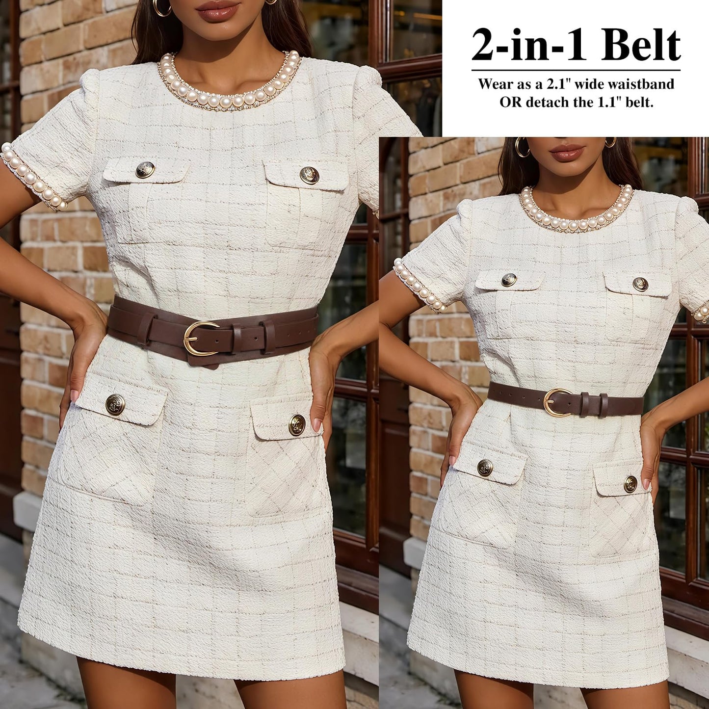 SANSTHS Belt for Women 2-in-1 Waistband for Dress Coats Pants, Women Wide Leather Belt with Fashion Buckle, Coffee S