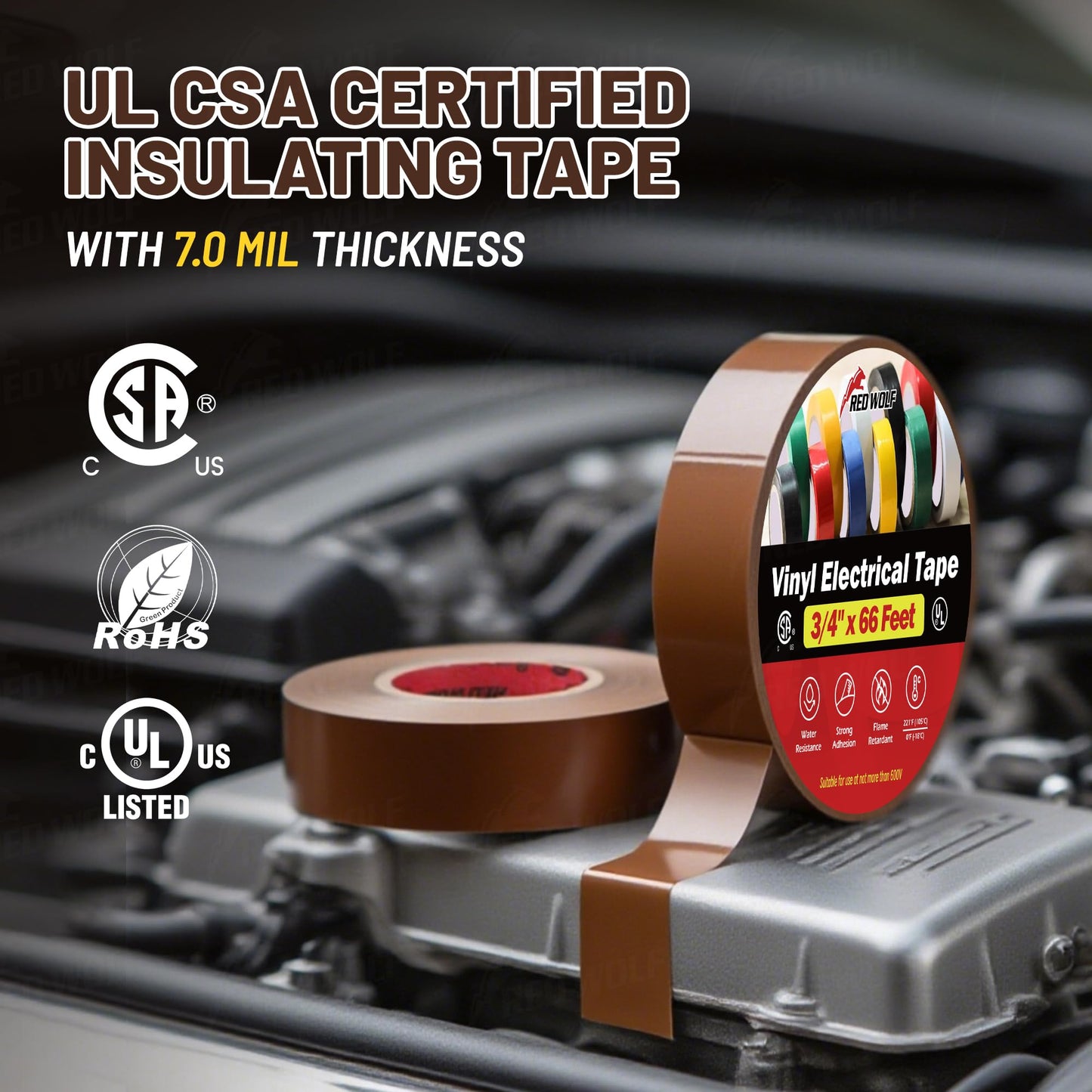 RED WOLF 5 Pack Brown Electrical Tape 3/4 Inch x 66 Ft Industrial Grade UL/CSA Listed 7 Mil Thick Flame Retardant High Temp Waterproof Electrical PVC Tape Electric Super Vinyl Rated 600V